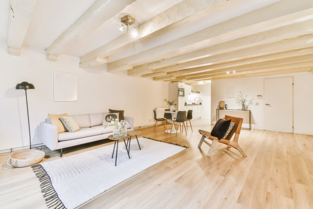 Luxurious spacious living room with a cozy sofa