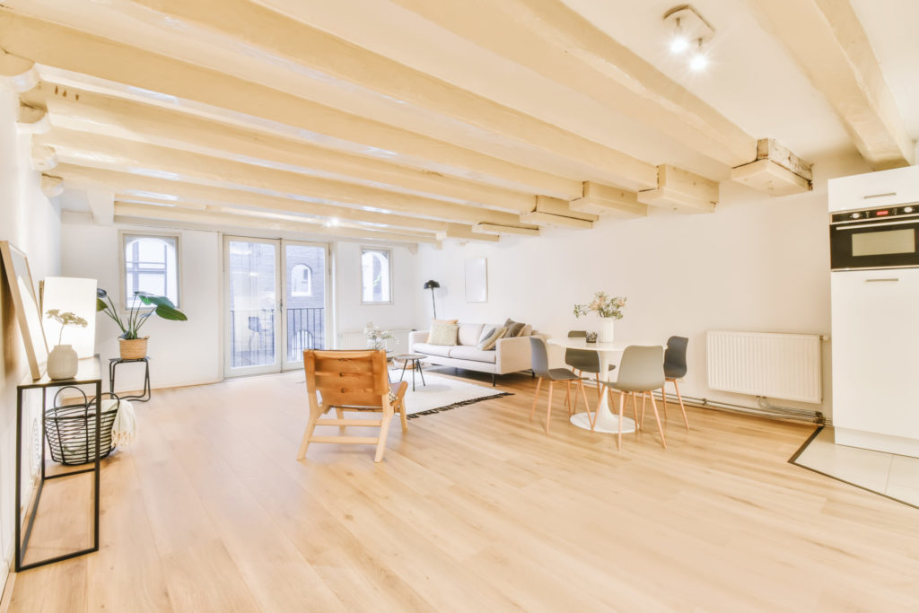 Luxurious spacious living room with a cozy sofa