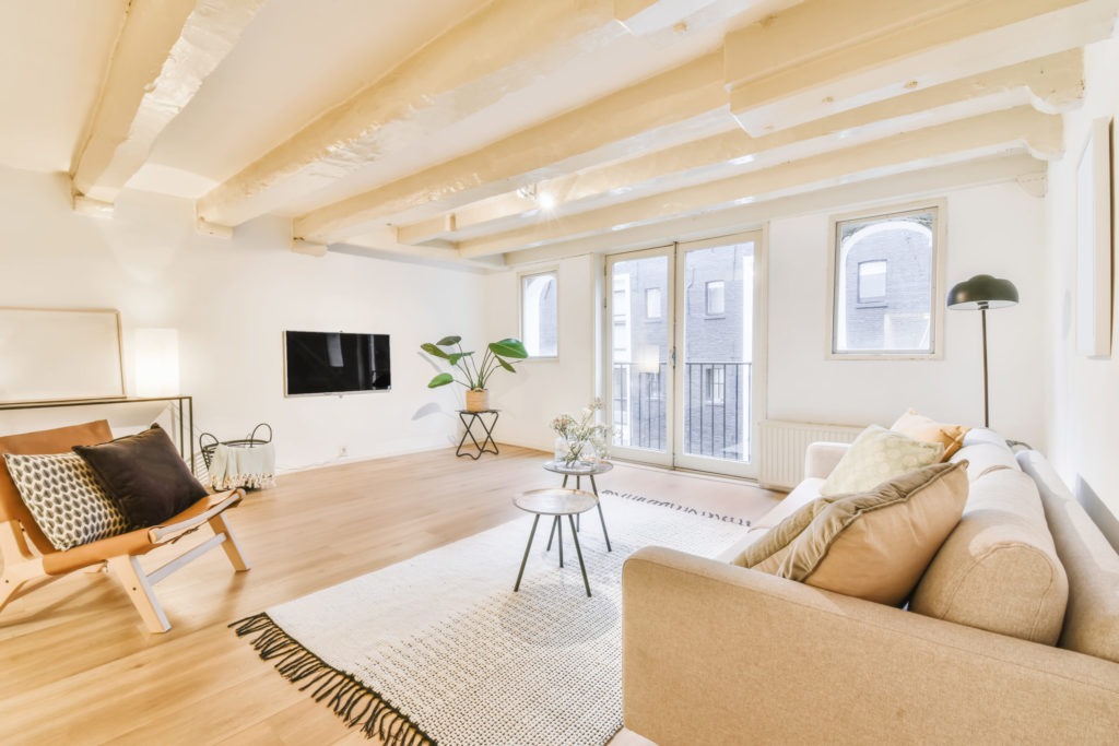 Luxurious spacious living room with a cozy sofa