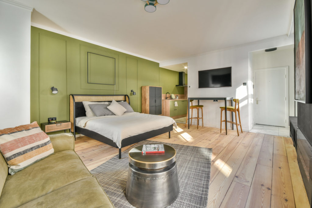 Luxury bed in stylish bedroom